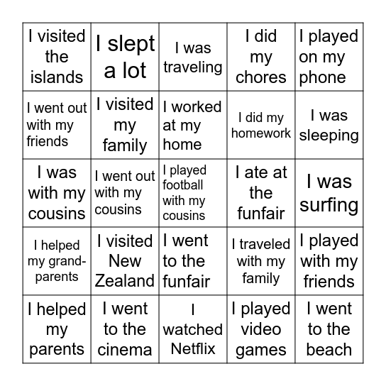 What did you do during the vacation? Bingo Card