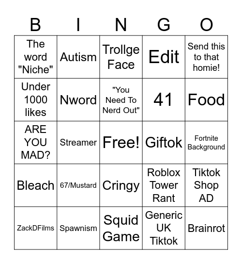 Tiktok Bingo Card