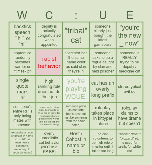 The WCUE Experience in RP SERVERS Bingo Card