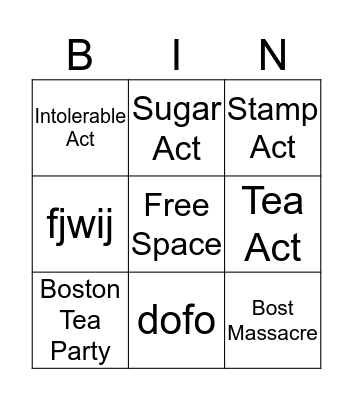 American Revoultion Bingo Card