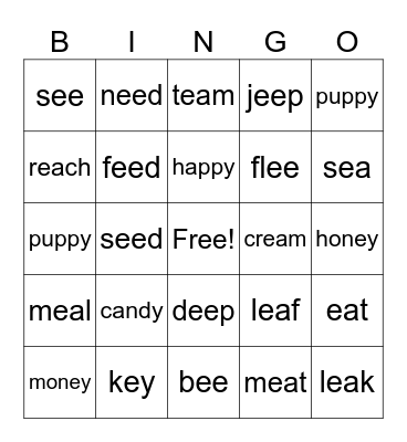 EE EA EY VOWEL TEAM BINGO Card