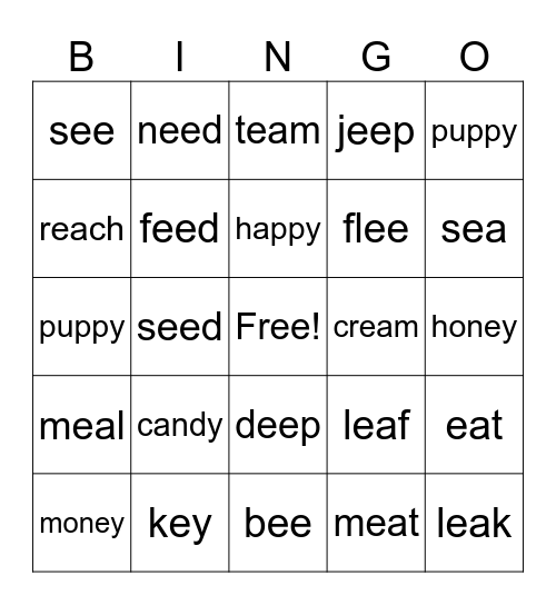 EE EA EY VOWEL TEAM BINGO Card