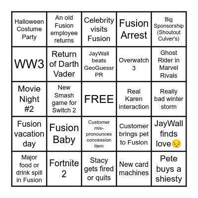 Fusion 314 F/W 2025 Bingo Card