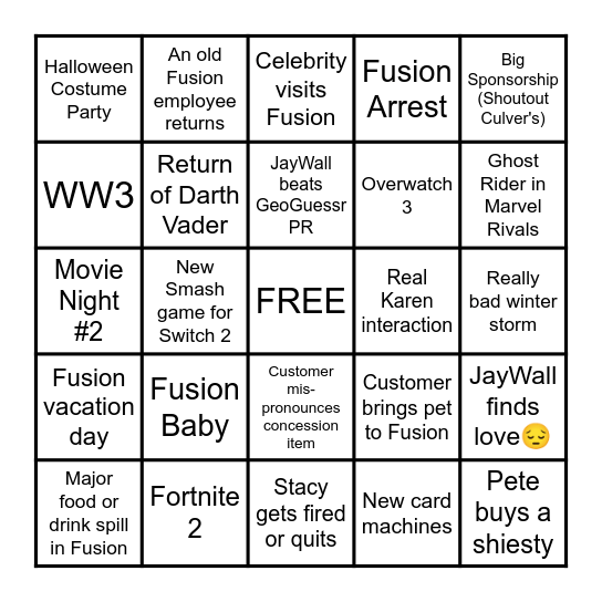 Fusion 314 F/W 2025 Bingo Card