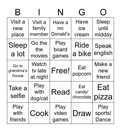 VACATION Bingo Card