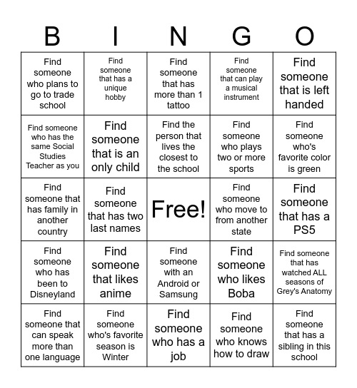 Get to Know Your Classmates Bingo Card