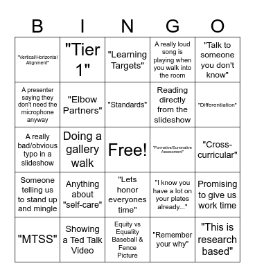 Welcome Back BINGO Card