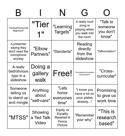 Welcome Back BINGO Card