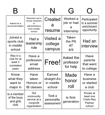 College Prep Bingo Card