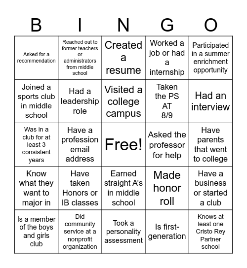 College Prep Bingo Card