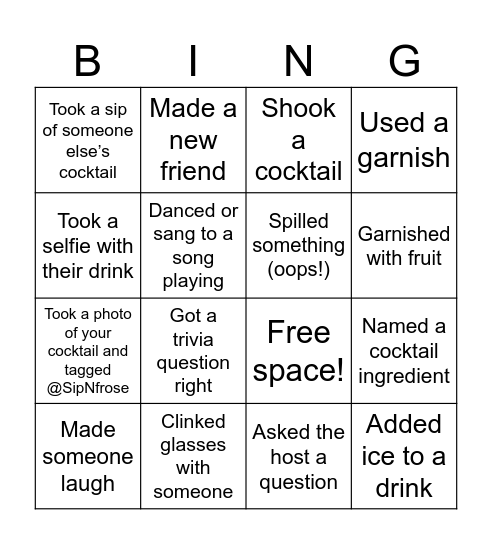 Sip 'N Shake BINGO Card