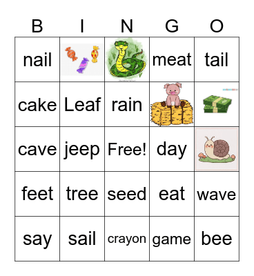 Long E Long A words Bingo Card