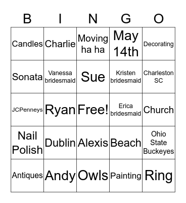 RACHAEL'S BRIDAL SHOWER Bingo Card