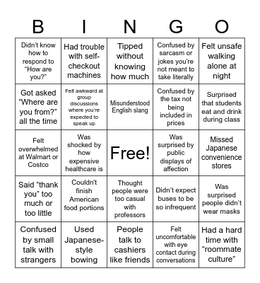 Adjusting to America Bingo Card