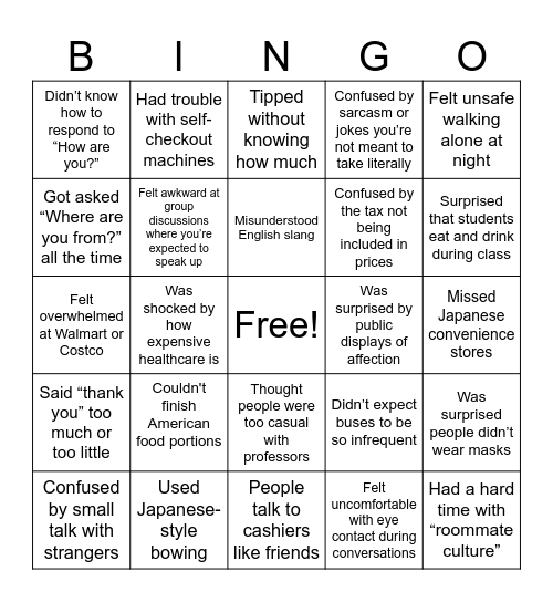 Adjusting to America Bingo Card