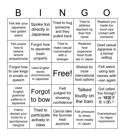 Japan Reverse Culture Shock Bingo Card