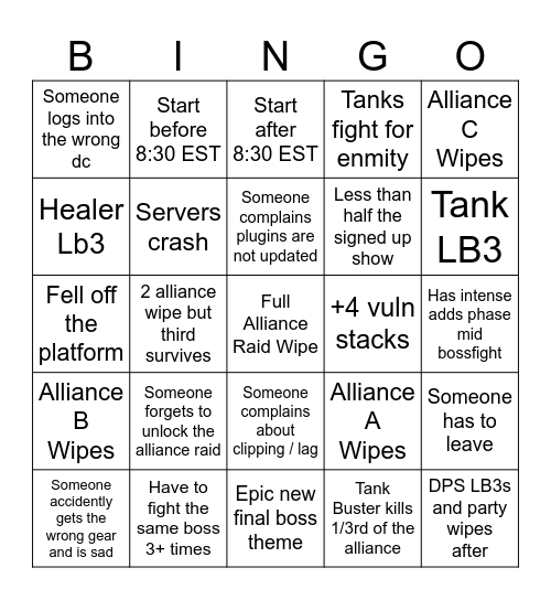 Solas's 2nd Alliance Raid Bingo card Bingo Card