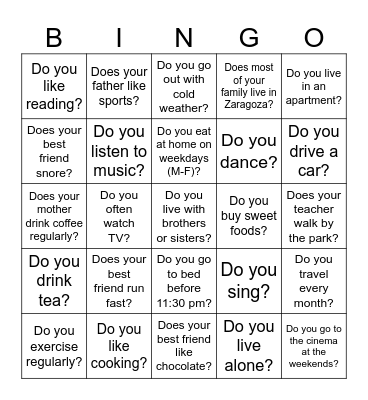 Present Simple Bingo Card