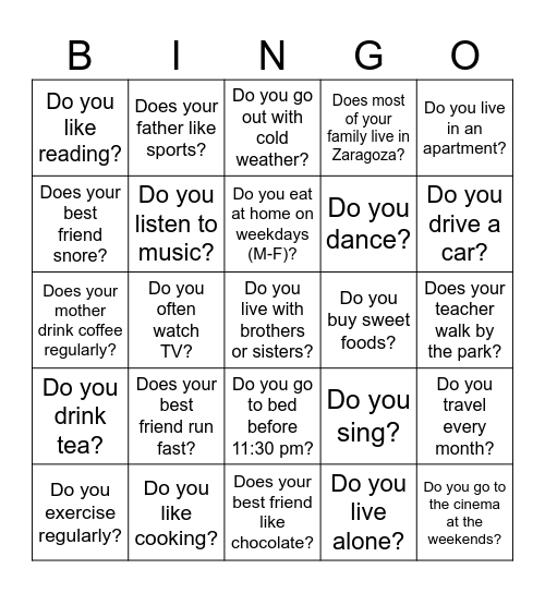 Present Simple Bingo Card