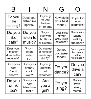 Present Simple Bingo Card