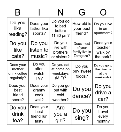 Present Simple Bingo Card