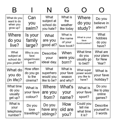 Get to know you bingo Card