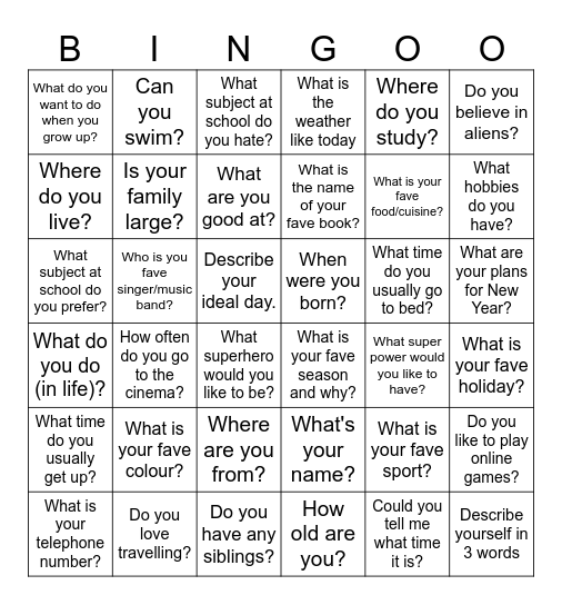 Get to know you bingo Card