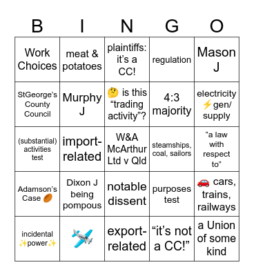 ConLaw Wk4: Trade & Commerce and Corporations Powers Bingo Card