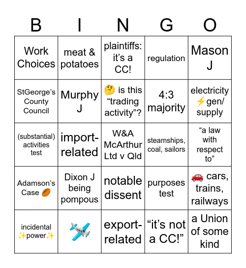 ConLaw Wk4: Trade & Commerce and Corporations Powers Bingo Card