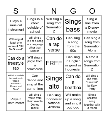 SINGO - Find someone who... Bingo Card