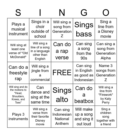 SINGO - Find someone who... Bingo Card