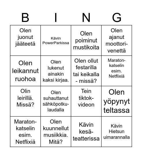 Mitä teit viime kesänä? Bingo Card