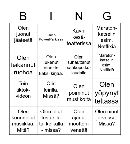 Mitä teit viime kesänä? Bingo Card