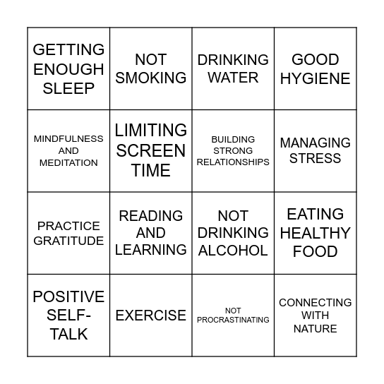Healthy Habits Bingo! Bingo Card