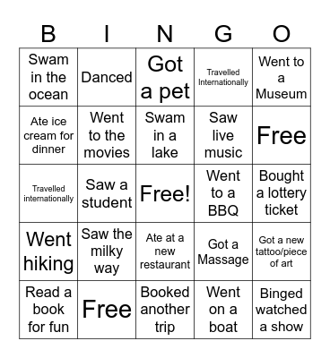 Summer Rewind Bingo Card