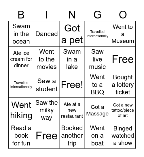 Summer Rewind Bingo Card