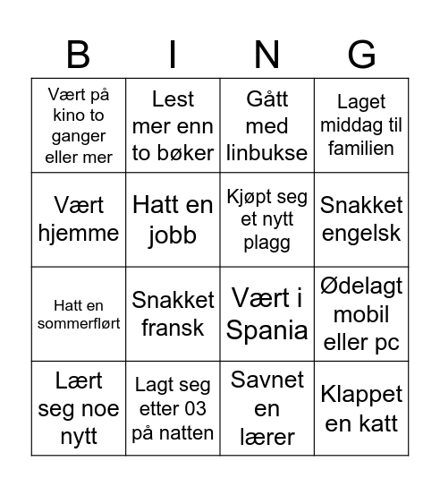 Sommerferiebingo Card