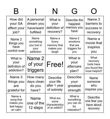 Recovery Bingo! Bingo Card