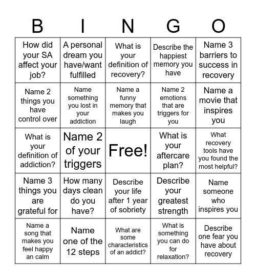 Recovery Bingo! Bingo Card