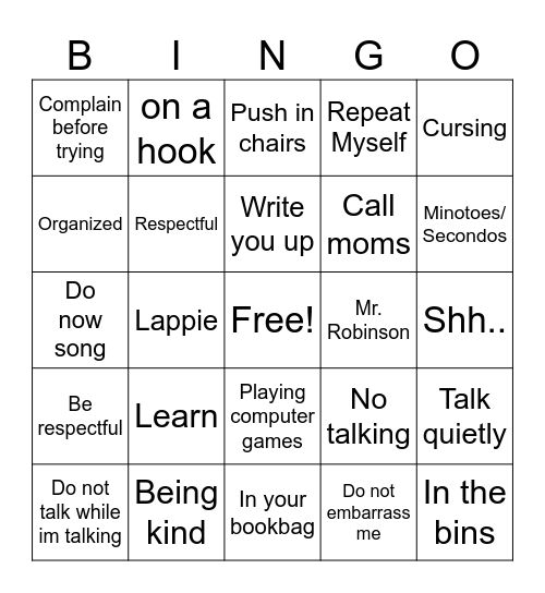 Classroom Bingo Card