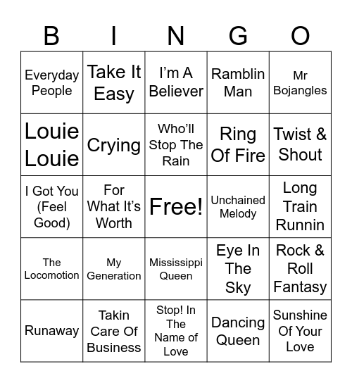 60s/70s Music Bingo Card