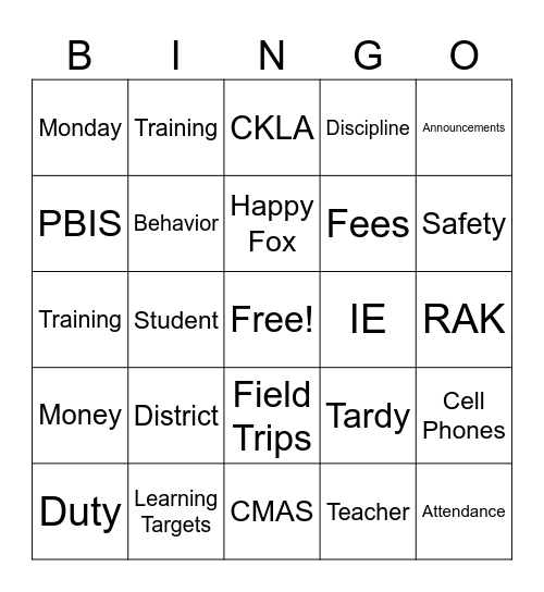Audubon Welcome Back Bingo Card