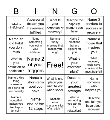 Recovery Bingo! Bingo Card