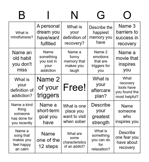 Recovery Bingo! Bingo Card