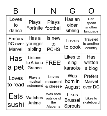 7th Grade Human Bingo Card