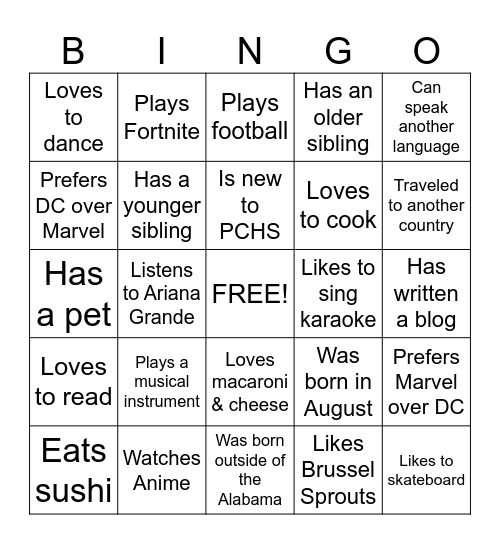7th Grade Human Bingo Card