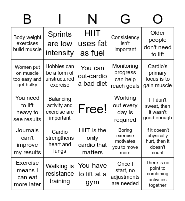Structured Exercise BINGO Card