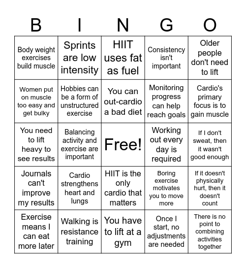 Structured Exercise BINGO Card