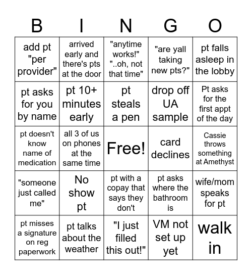 Receptionist Bingo Card