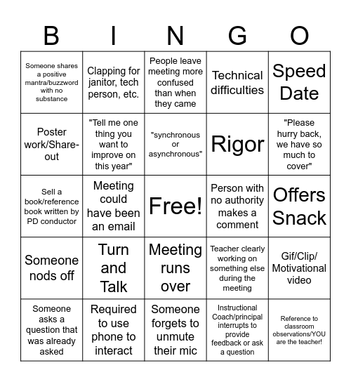 Teacher PD Bingo Card